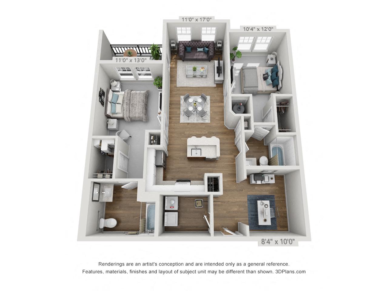 Floor plan for 2 beds, 2 baths, 1137 sqft